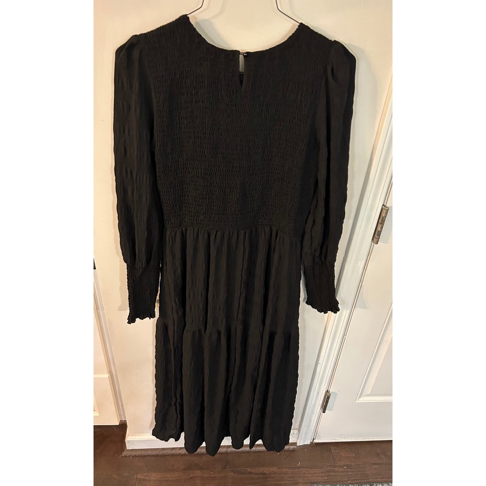 Fashion Womens Black Smocked Tiered Midi Dress Long Sleeve Textured Large NEW - Picture 10 of 15